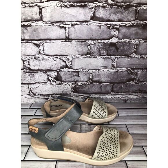 Pikolinos Beige Leather Floral Cut Blue Ankle Strap Wedge Sandals Women 39EU/8.5 - Picture 4 of 16